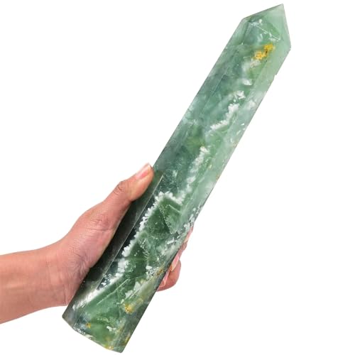 AMOYSTONE Extra Large Healing Crystal Obelisk Towers Green Fluorite Point Wand Home Decor Reiki Healing 3.0-3.5LBS - Green Fluorite - 3.0-3.5 Pound