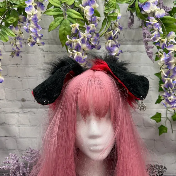 Red and black floppy Puppy Ears and tail bendable realistic dog ears headband floppy puppy cosplay ears sfw pet play ears goth puppy ears
