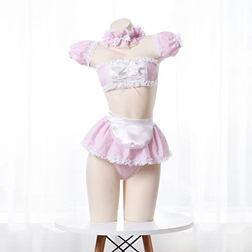SNOMYRS Maid Outfit Sexy Anime Cosplay Kawaii Lolita Maid Dessous Kostüm Spitze Bikini Outfit BH und Minirock Set - Rosa