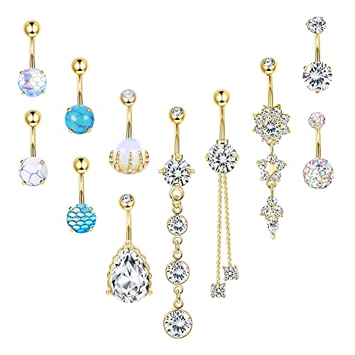 Kakonia 11Pcs 14G Bauchnabelpiercing Edelstahl für Frauen, Piercing Bauchnabel CZ Nabelpiercing Bauchpiercing Hängend Bauchnabelpiercing Set - Gold