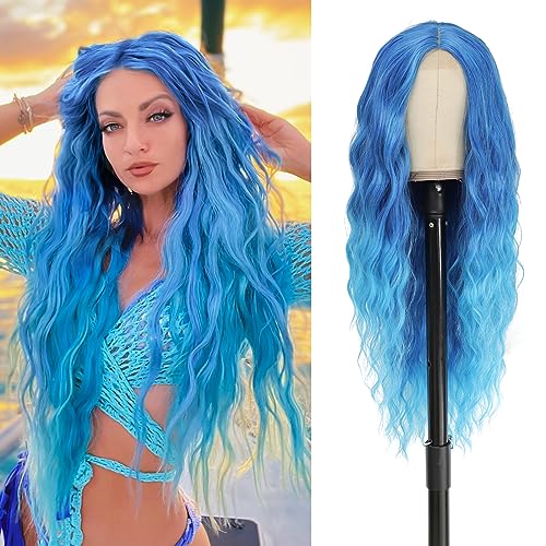 BUPPLER Cosplay Long Blue Wig 28 Inch Middle Part Synthetic Wig Realistic Party Wigs for Women Daily Use Colorful Wigs (Blue) - 28 Inch - Blue