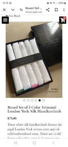 Boxed Set of 5 Color Trimmed London York Silk Handkerchiefs