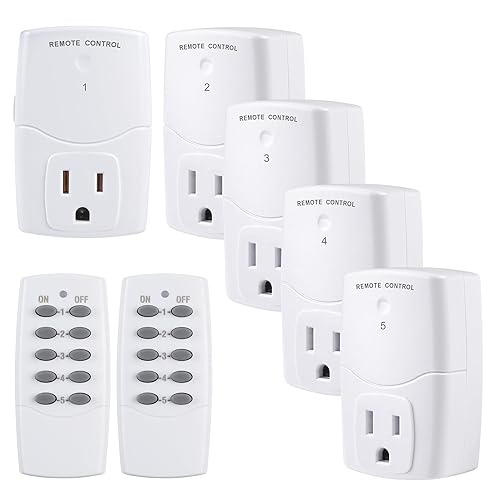 BN-LINK Mini Wireless Remote Control Outlet Switch Power Plug in for Household Appliances, Wireless Remote Light Switch, LED Light Bulbs, White (2 Remotes + 5 Outlets) 1250W/10A - 2 Remote+5 Outlets