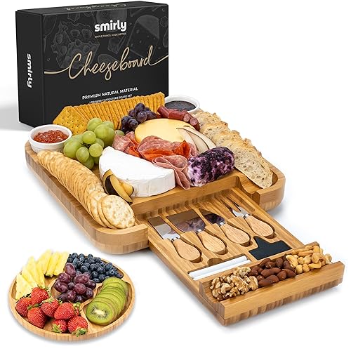 SMIRLY Charcuterie Boards Gift Set: Large Charcuterie Board Set, Bamboo Cheese Board Set - Unique Mothers Day Gifts for Mom - House Warming Gifts New Home, Wedding Gifts for Couple, Bridal Shower Gift - With two bowls