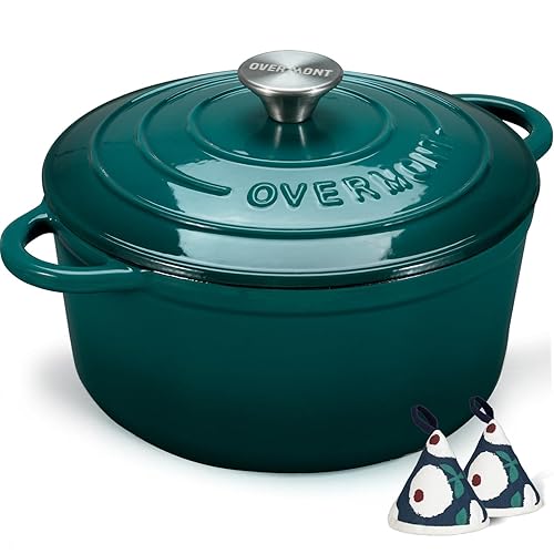 Overmont Enameled Cast Iron Dutch Oven - 5.5QT Cookware with Cookbook Cotton Heat-resistant Caps - Heavy-Duty Enamel Pot with Lid for Braising Stews Roasting Bread Baking - Darkcyan - 5.5QT