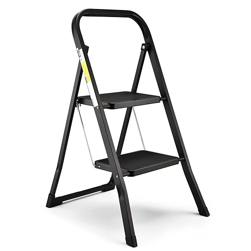 Soctone 2 Step Ladder, Lightweight Folding Step Stools for Adults with Anti-Slip Pedal, Portable Sturdy Steel Ladder with Handrails, Perfect for Kitchen & Household, 330 lbs Capacity, Black - 2 Step - Black