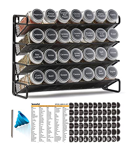 SpaceAid Spice Rack Organizer with 28 Spice Jars, 386 Spice Labels, Chalk Marker and Funnel Set for Cabinet, Countertop, Pantry, Cupboard or Door & Wall Mount - 28 Jars, 13.4" W × 10.8" H, Black - 28 Jars, 13.4"W × 10.8"H - Black