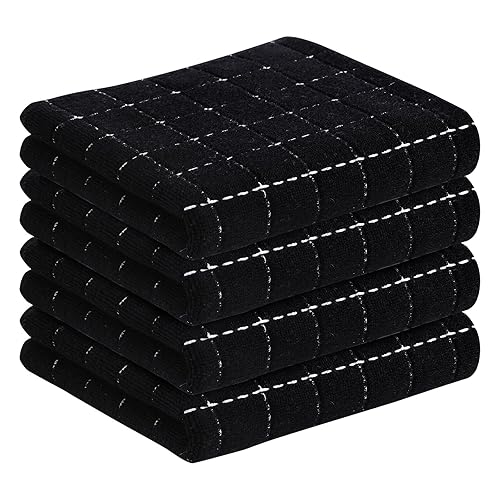 smiry 100% Cotton Terry Kitchen Towels, 4 Pack Ultra Soft and Absorbent Cleaning Dish Cloths, 13 x 28 inches Checkered Designed Non-fluffing Quick Drying Dish Towels and Tea Towels, Black - 13" x 28" - 4 Pack - Black