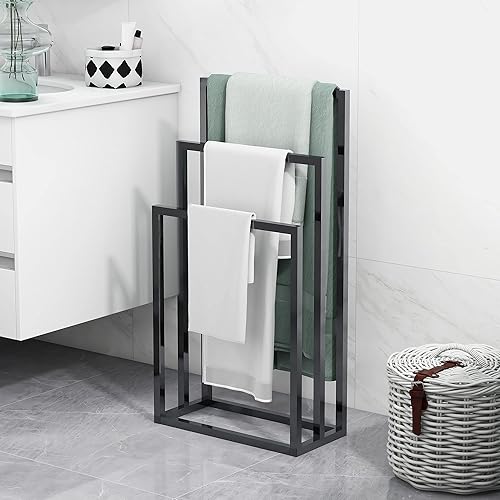 BOFENG Towel Rack Industrial 3-Tier Freestanding Towel Bar Stand Towel Rails Towel Holder Ladder Drying Rack Bathroom Accessories Organizer for Bath Storage & Hand Towels,Washcloths,Next to Tub,Black - Black - Three Tiers