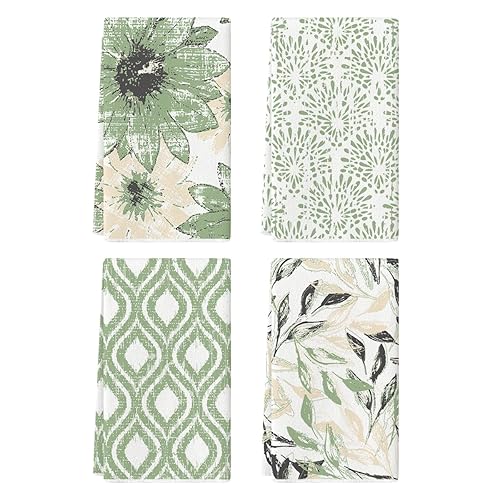 Artoid Mode Green Floral Leaves Boho Kitchen Towels Dish Towels, 18x26 Inch Seasonal Spring Summer Decoration Hand Towels Set of 4 - Green