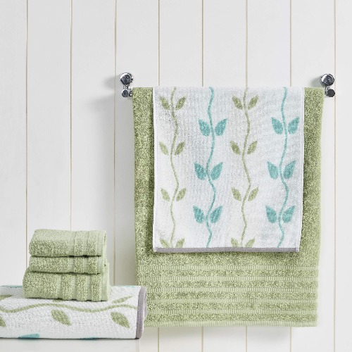 Amrapur Overseas 6-Piece Yarn Dyed Organic Vines Jacquard/Solid Ultra Soft 500GSM 100% Combed Cotton Towel Set [Sage Green] - Sage Green