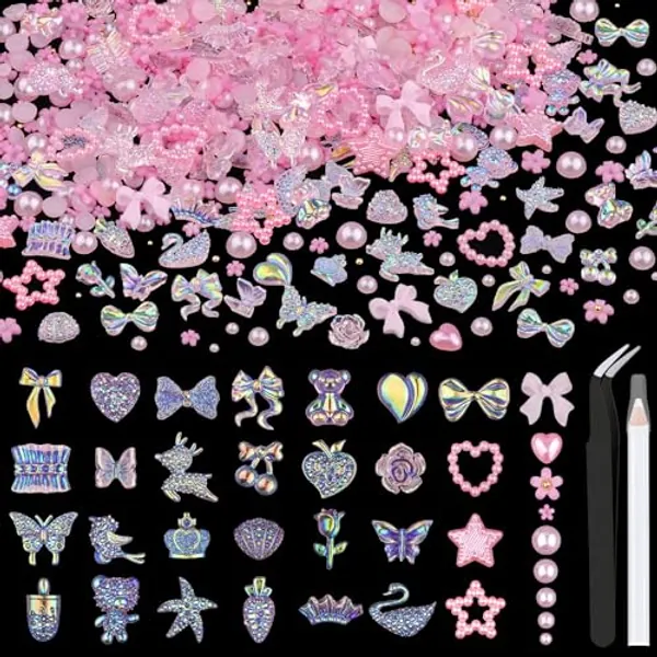 150 PCS 3D Nail Charms Butterfly Bow Star Heart Bear Shiny Jewels with 3D Flowers and Flat Pearls, Over 400 PCS Cute Charms in Total with Pickup Tools for Nail Art Decoration(Pink)
