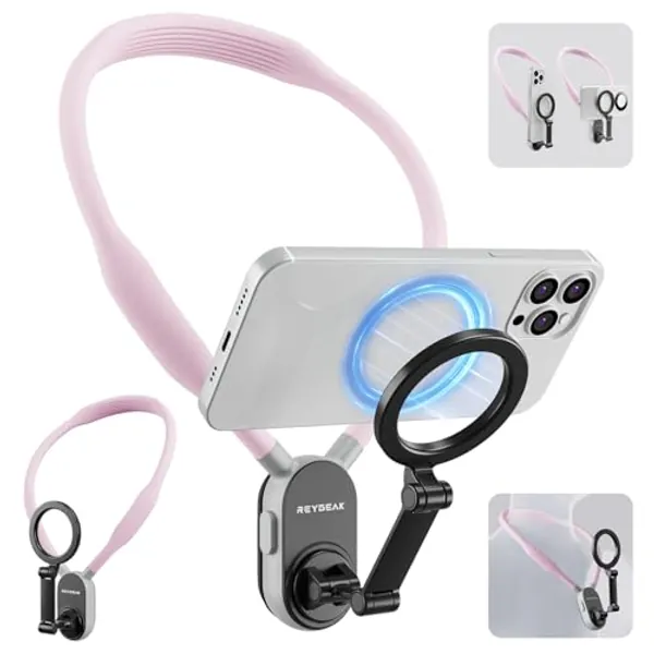 REYGEAK Magnetic POV/Vlog Phone Neck Mount Holder for Magsafe iPhone 15/14/13/12 Pro Mini/Plus/Pro/Pro Max, Hand Free Chest Stand Video Recording for Mobile Phone Accessory (Sakura Pink)