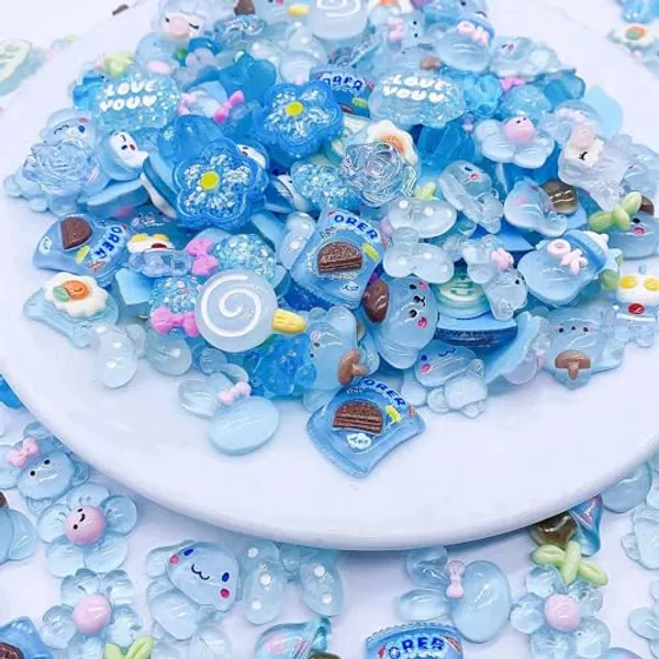 JINDUODUO 100 Pcs Flat Back Resin Slime Charms Bulk for Crafts, 3D Flatback Cute Charms Making Supplies for DIY Scrapbooking Crafting (Blue)