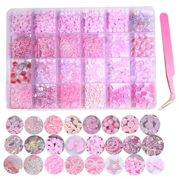 Pink Nail Charms and Gems Flower Nail Bow Charms Butterfly Assorted Cute Nail Decoration Kits Rhinestones for DIY Nails Polish Manicure Heart Star Bow 3D Nail Pearls Crafts Jewels Accessories Bulk