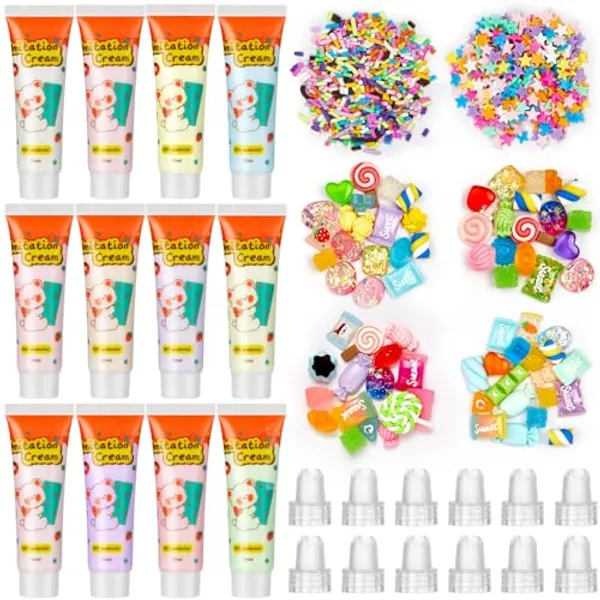 Lineshading 12 Set DIY Phone Case Kit Whipped Cream Glue Kit Include 12 Pcs Simulation Cream Glue 15ml with Nozzle 2 Pack Candy Theme Decorations 2 Pack Decorating Accessories for Craft Birthday Gift
