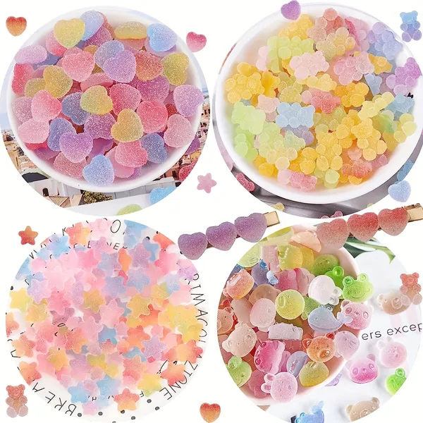120Pcs Colorful Mini Flatback Gummy Bear * Rabbit Grog Pentagram Heart Shape Resin Charms Jewelry Making Candy Design Embellishments Supplies For Ce