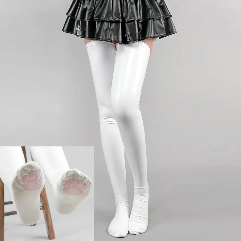 Latex Paw Thigh High Stockings - White Paws On Feet