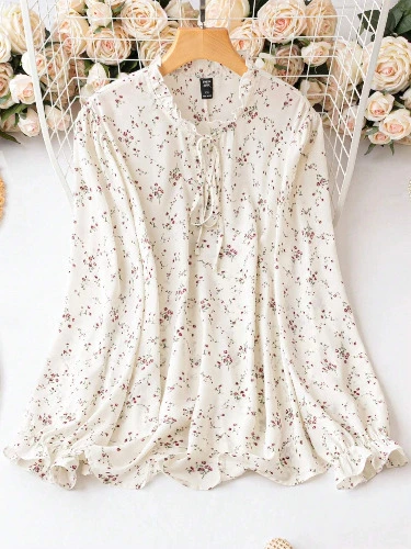 SHEIN Clasi Plus Ditsy Floral Print Tie Neck Flounce Sleeve Blouse | SHEIN USA
