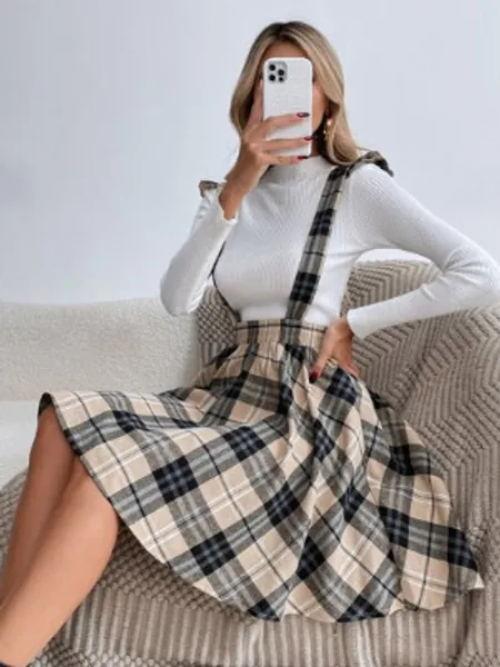 Plaid Print Ruffle Detail Pinafore Skirt