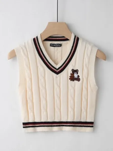 Plus Bear Embroidered Striped Pattern Cable Knit Cricket Sweater Vest