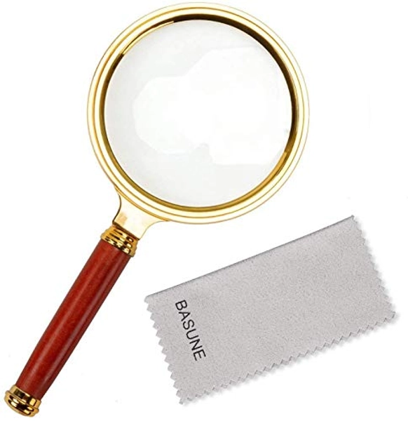 BASUNE 10X Handheld Magnifier, Reading Magnifier Loupe Glasses 10X with Rosewood Handle for Book and Newspaper Reading, Insect and Hobby Observation, Classroom Science (Clear, Plastic Frame)