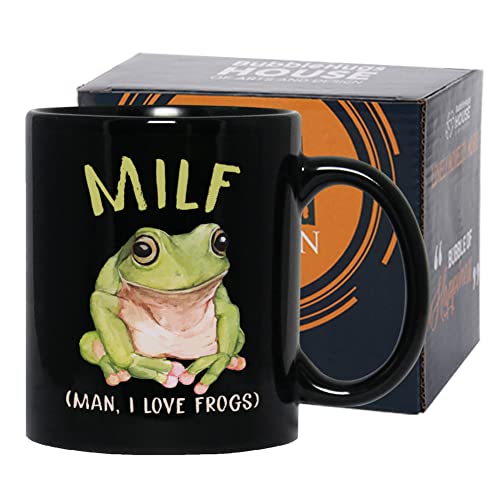 Bubble Hugs MILF: Man, I Love Frogs, Love Card Mug 11 oz, Funny Meme Hilarious Meme Pun Valentine Gift for Wife Husband Girlfriend Boyfriend Adult, Black - Man, I Love Frog B - 11oz