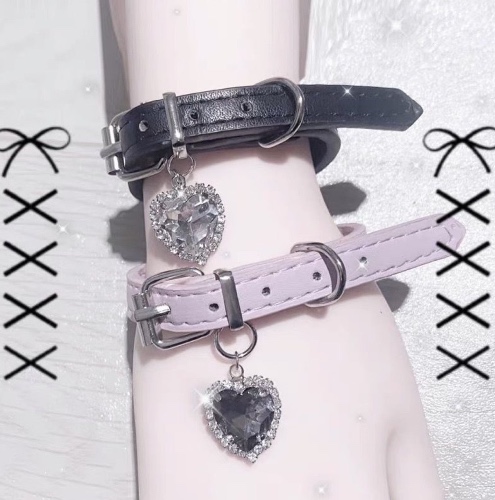 Black/Pink Goth Rhinestone Love Heart Charm Bracelet - Black