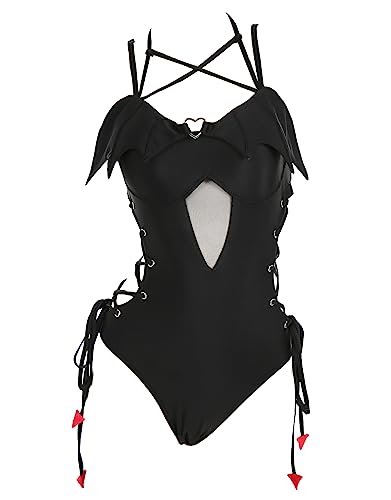 MEOWCOS Women's One Piece Swimsuits Gothic Swimsuit Devil Wings Tummy Control Bathing Suit One-Piece Swimwear - Large - Black