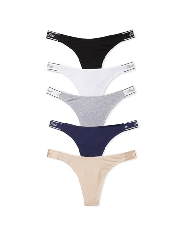 Victoria's Secret PINK Cotton Logo Thong Panty Pack, Women's Underwear (XS-XXL) - Medium - Spring Basic