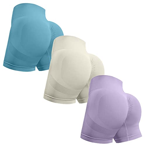 OVESPORT 3 Piece Workout Shorts for Women Seamless Scrunch Butt Lifting High Waisted Yoga Gym Booty Running Short Pants - Large - White/Skyblue/Purple