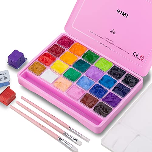 HIMI Gouache Paint Set, 24 Colors x 30ml/1oz with 3 Brushes & a Palette, Unique Jelly Cup Design, Non-Toxic, Guache Paint for Canvas Watercolor Paper - Perfect for Beginners, Students, Artists(Pink) - Pink Case