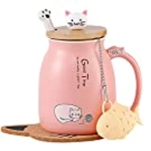 MengCat Tazza di Gatto Tazza di caffè in Ceramica Carina con Gattino Adorabile Coperchio,Cucchiaio in Acciaio Inossidabile, novità Morning Cup tè Latte Natale Boccale Regalo 380ml