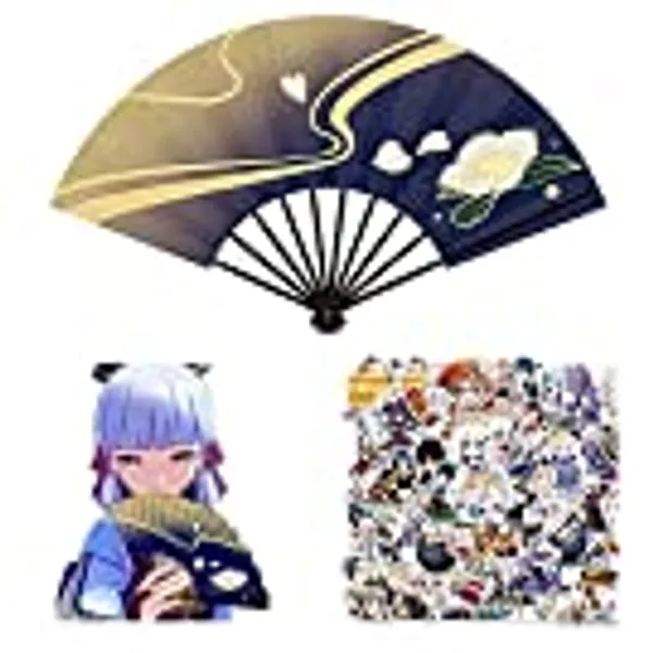 Genshin Impact Kamisato Ayaka - Ventaglio pieghevole in bambù pieghevole, confezione da 50 adesivi impermeabili per decorazione pieghevole, ventilatore giapponese, ventaglio per cosplay