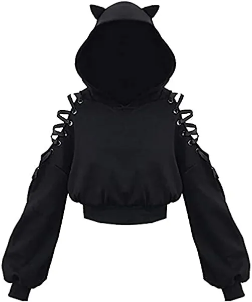 Siyova Felpa con Cappuccio da Donna con Orecchio di Gatto Carino Felpa Corta con Spalle Scoperte Punk Nero Pullover a Maniche Lunghe Top Autunnale Primaverile per Ragazza