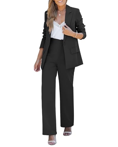 LookbookStore 2 Piece Pant Suits for Women Dressy Blazer High Waisted Straight Leg Pants Sets Business Casual Outfits - X-Large - Black