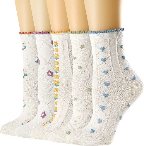 albagu Womens Crew Socks Casual Cotton Socks Cute Fun Novelty Girl Thin Dress Socks 5/6 Pack - Flower19(5pack)