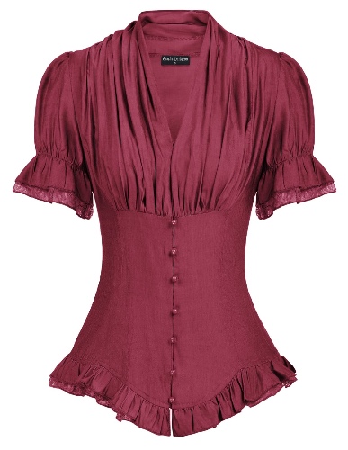 Scarlet Darkness Women Victorian Short Sleeve Shirt Steampunk Lace Up Blouse - Wine Large