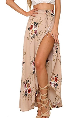 Yonala Womens Boho Floral Tie Up Waist Summer Beach Wrap Cover Up Maxi Skirt - Small 1-apricot