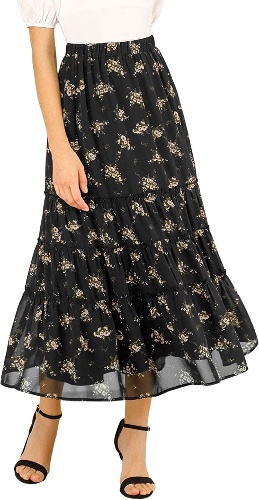 Allegra K Women's Floral Long Skirts Elastic Waist Tiered Ruffle Boho Midi Skirt