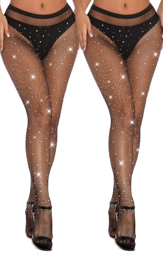 VEBZIN Sexy Sparkly Fishnets Stockings Jeweled High Waist Fishnet Tights for Women Rhinestone Party Pantyhose - One Size 2 Pack Black No Holes