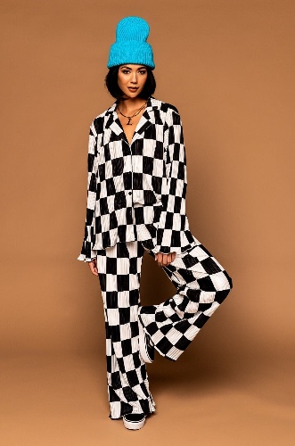 LALA ORIGINAL DESIGN: Long Sleeve Plisse Set in Checkerboard | Small