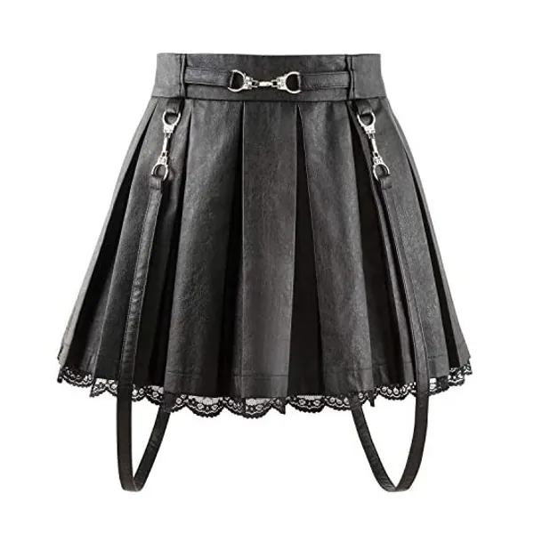 
                            Littleforbig Women's A-Line Pleated Faux Leather Flared Casual Lace Trim Mini Skirts - Troublemaker
                        