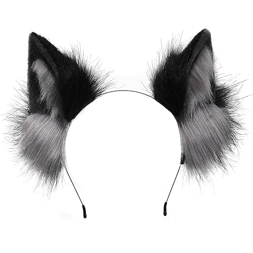 Kidukso Wolf Ears Headwear Adult Simulation Animal Ears Headdress CuteWolf Ears Headpiece Dress Up Party Cosplay Halloween - Black and Grey - One Size