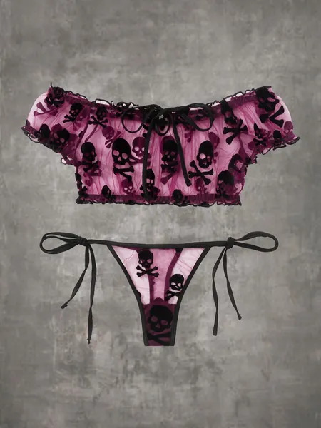 ROMWE Grunge Punk Skull Print Frill Trim Mesh Lingerie Set