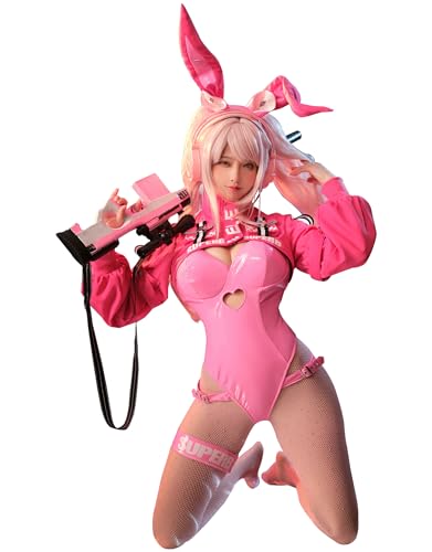 Mobbunny Anime Derivative Bunny Cosplay Costume With Jacket Headband Fishnet Stockings Bunny Bodysuit - Large - Pink