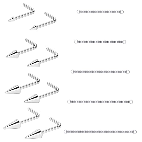AccGin 20G Spike Nose Rings Studs with Chains Stainless Steel Spike Nostril Ring Stud Chain Black Rook Corkscrew Ring L-Shaped Nose Piercing Jewelry Nose Piercing Stud Lip Piercing Jewelry Black Silver Gold - SR-L