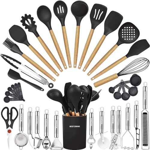 Cooking Utensils Set- 35 PCs Kitchen Utensils with Grater,Tongs, Spoon Spatula &Turner Made of Heat Resistant Food Grade Silicone and Wooden Handles Kitchen Gadgets Tools Set for Nonstick Cookware - Black