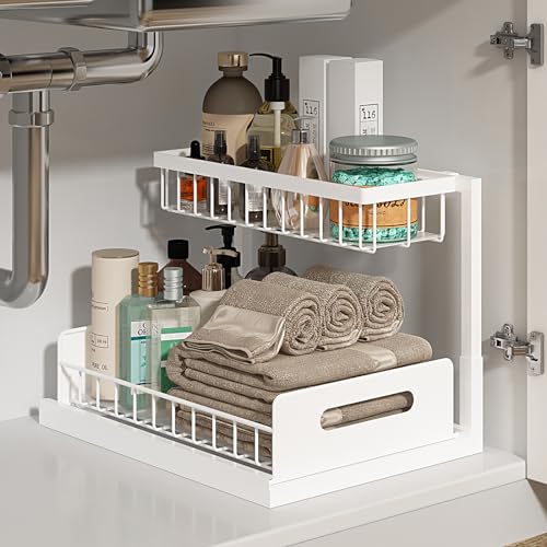 REALINN Under Sink Organizer, Pull Out Cabinet Organizer 2 Tier Slide Out Sink Shelf Cabinet Storage Shelves, Under Sink Storage for Kitchen Bathroom Cabinet, White, 1 Pack - White - 1 Pack