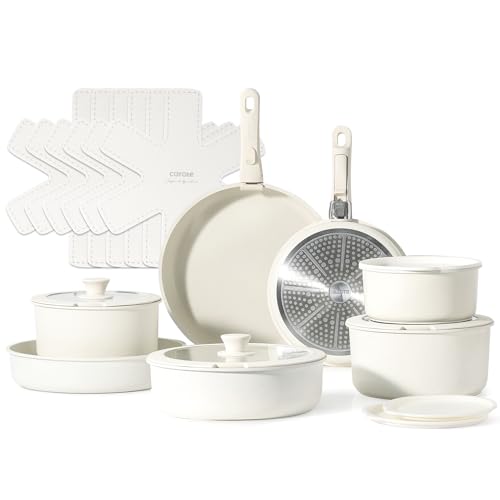 CAROTE 21pcs Detachable Handle Pots and Pan Set, Nonstick Induction Cookware, Removable Handle, RV Oven Safe Cookware, Cream White - 21 pcs Granite Set-3 Lids - Cream White
